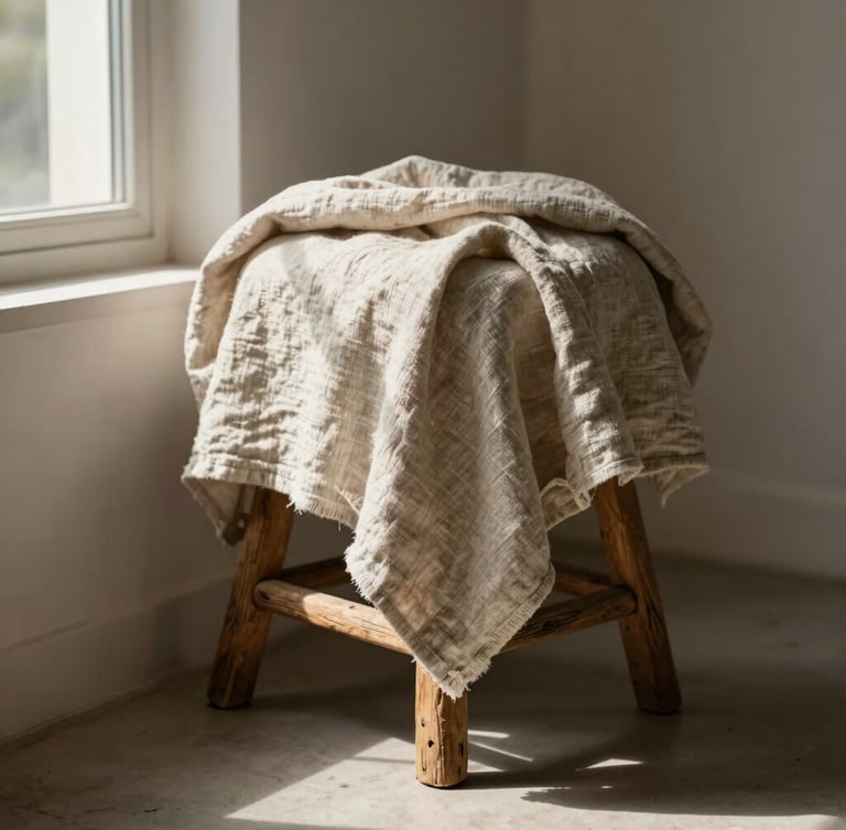 A raw linen blanket draped naturally over a simple weathered oak stool in a quiet room corner, warm afternoon window light casting long shadows across the texture.