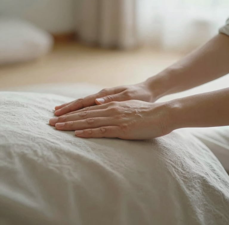 Hands gently hovering over a person's shoulder during a Reiki session, soft focus, natural light, muted sage and ivory tones, shallow depth of field, 35mm. The setting is a serene, uncluttered room.