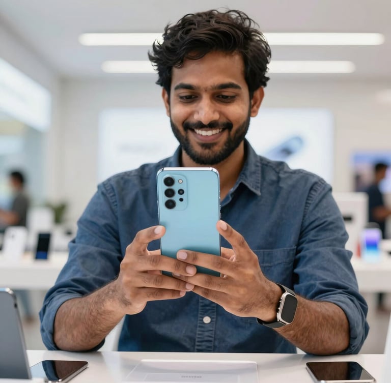 Smiling Indian customer unboxing a new smartphone in a brightly lit modern showroom, hands holding the device, clean reflections, vibrant colors, sharp focus, professional studio lighting, 50mm lens, portrait aspect