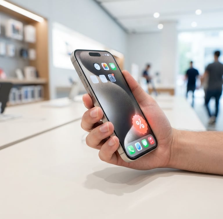High-resolution product render of the latest flagship smartphone (e.g., iPhone 15 Pro Max or Samsung Galaxy S24 Ultra) held in a hand, screen glowing, on a clean, modern retail counter under bright studio lighting, coral orange discount badge on the screen, focused on premium materials like glass and titanium.