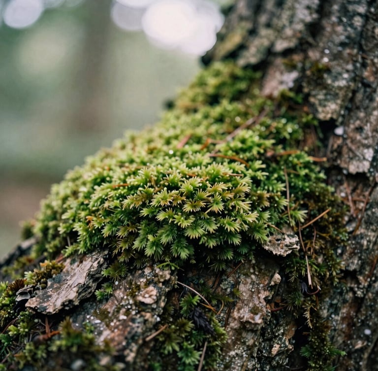 Macro detail of soft green moss and textured tree bark in a quiet forest, dappled sunlight filtering through leaves, shallow depth of field, 35mm film