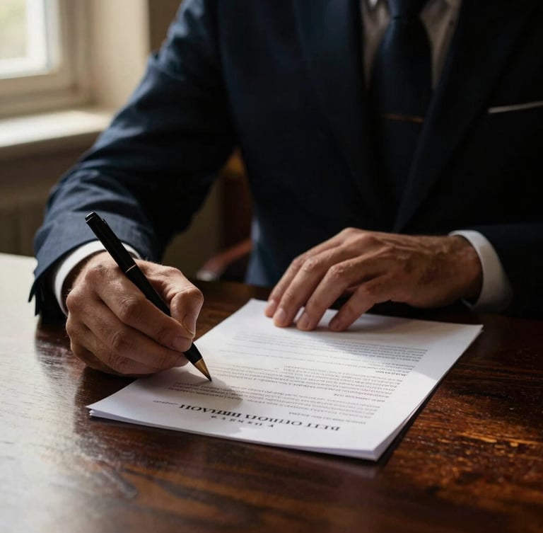 A close-up of hands signing official binational papers on a dark mahogany desk, soft golden window light, high contrast, 35mm