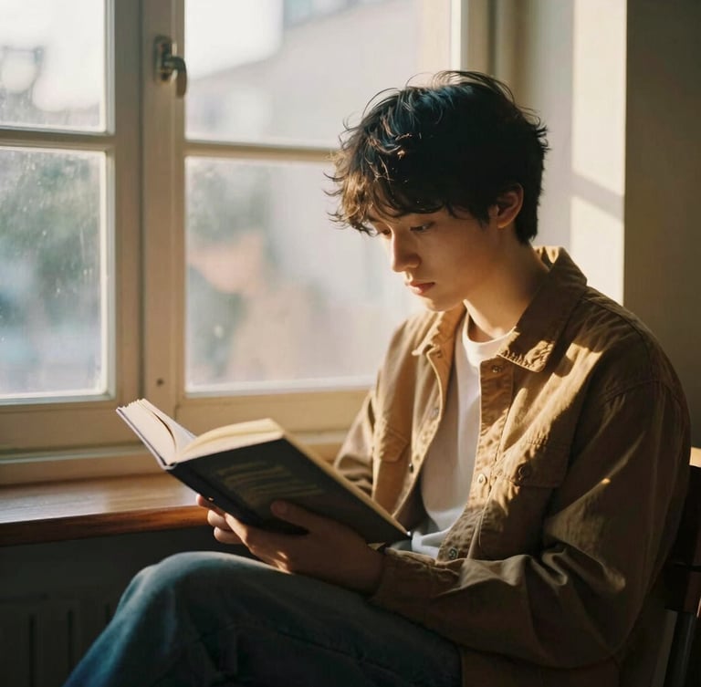 Warm editorial photograph of a student reading near a large window, natural golden-hour light illuminating the room, rich organic tones, shallow depth of field, 35mm film look