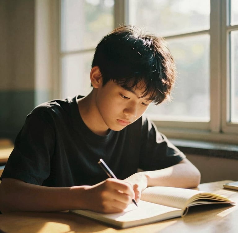 A portrait of a young student focused on writing in a notebook, warm golden hour light pouring through a window, shallow depth of field, 35mm film look.