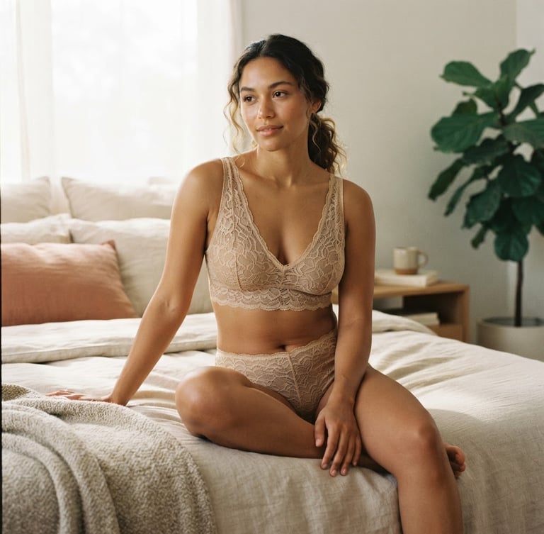 Modelo de silueta diversa, en pose natural y relajada, vistiendo lingerie de encaje premium color arena, luz natural suave de mañana, sombras sutiles, enfoque en la textura del encaje y el ajuste ergonómico, fondo interior minimalista.
