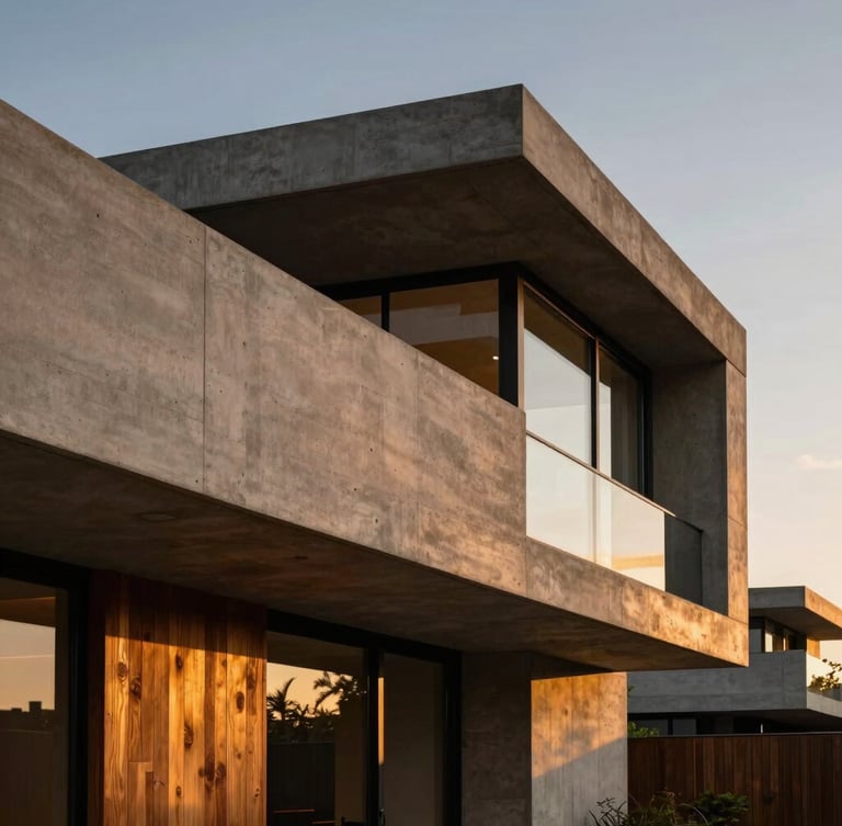 Abstract architectural detail of a modern concrete and teak estate in Brickell at dusk, dramatic twilight lighting, rich warm tones, 35mm lens.