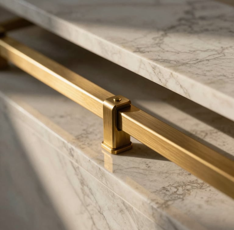 Tight abstract detail shot of premium building materials, polished white marble meets brushed brass fixtures, dramatic low sun casting sharp geometric shadows.