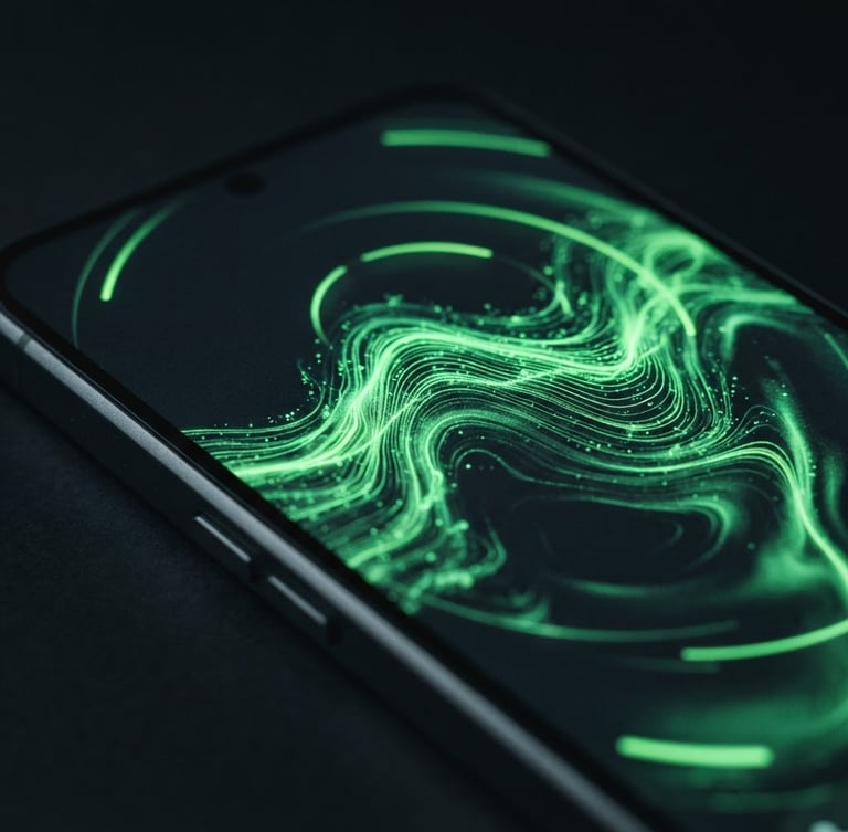 Macro close-up of a high-end Android smartphone displaying a custom, frame-rate fluid UI animation, dark mode, crisp neon green accents, low-key studio lighting, angled perspective, emphasizing tactile screen texture.