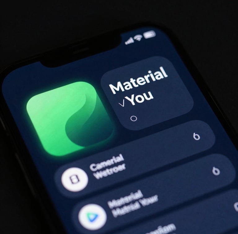 Macro shot of an Android device screen displaying a custom Material You UI component with crisp, fluid animations, deep slate background, neon green accent glow, sleek tech photography, low-key dark studio lighting, macro lens, sharp focus, 35mm.