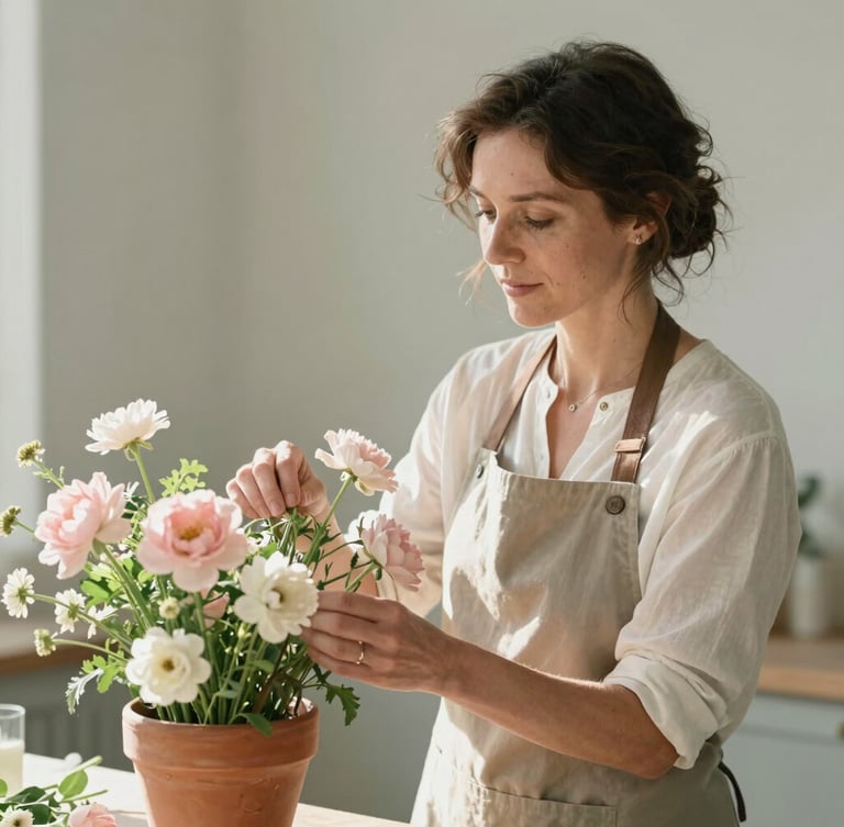 Warm editorial portrait of Galéann, a professional female florist in her early 40s, gently arranging delicate pale pink and white seasonal flowers in a rustic terracotta pot, soft morning daylight filtering through foliage, muted sage and alabaster background, shallow depth of field, 35mm