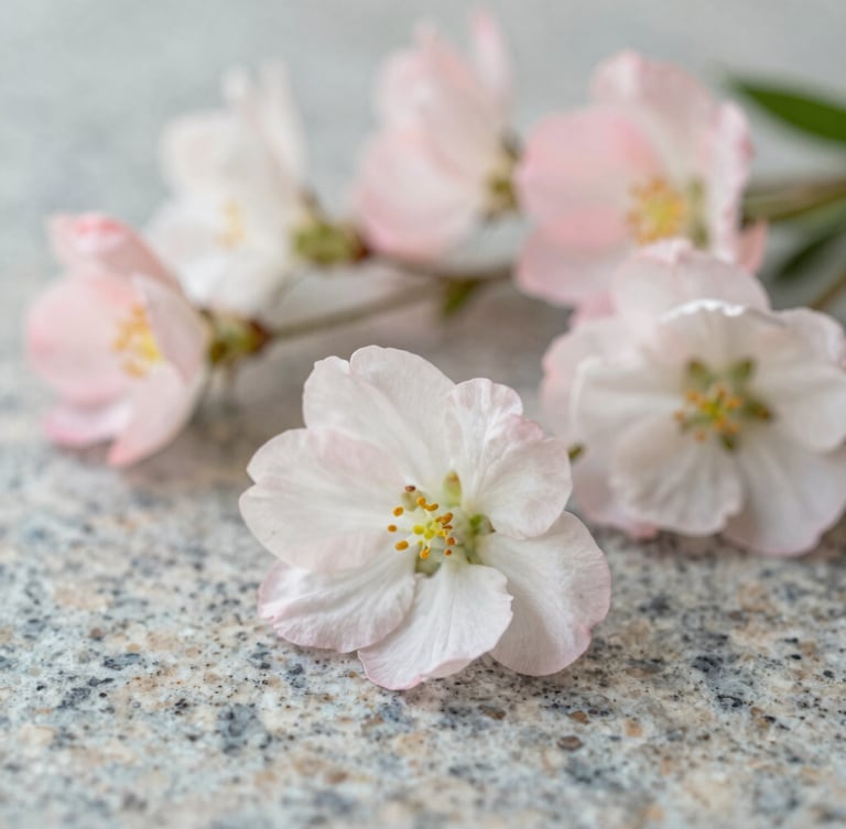 Close-up of delicate pale pink and white seasonal flowers arranged on a clean granite surface, soft morning light, shallow depth of field, 35mm photography