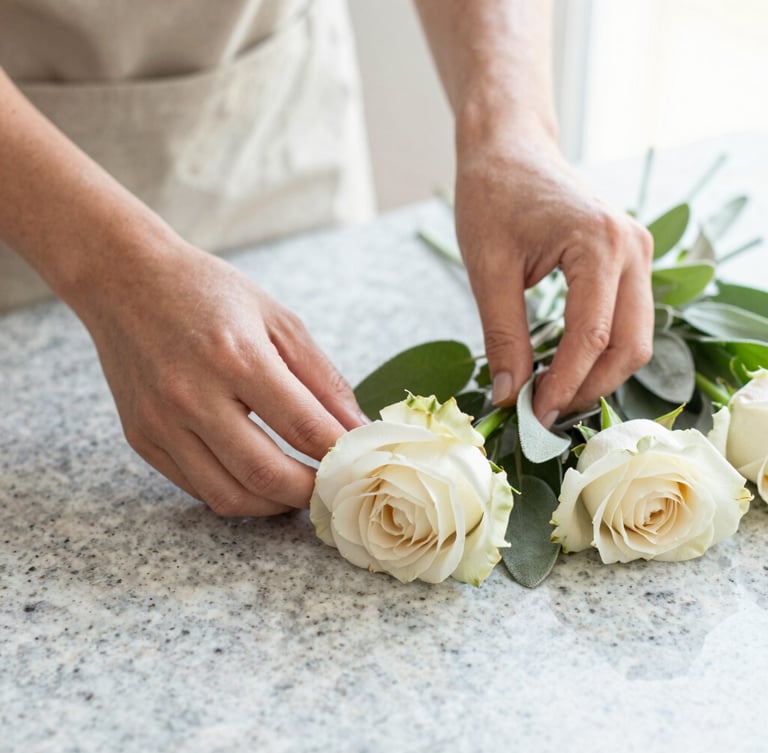 Close-up of a florist's hands delicately placing fresh white roses and sage leaves on a clean, light granite surface, soft natural morning light, shallow depth of field, serene atmosphere