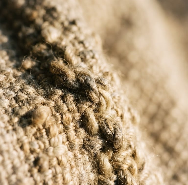 Macro photograph of heavy-weave oatmeal linen fabric, low-angle warm afternoon window light, deep tactile shadows, shallow depth of field