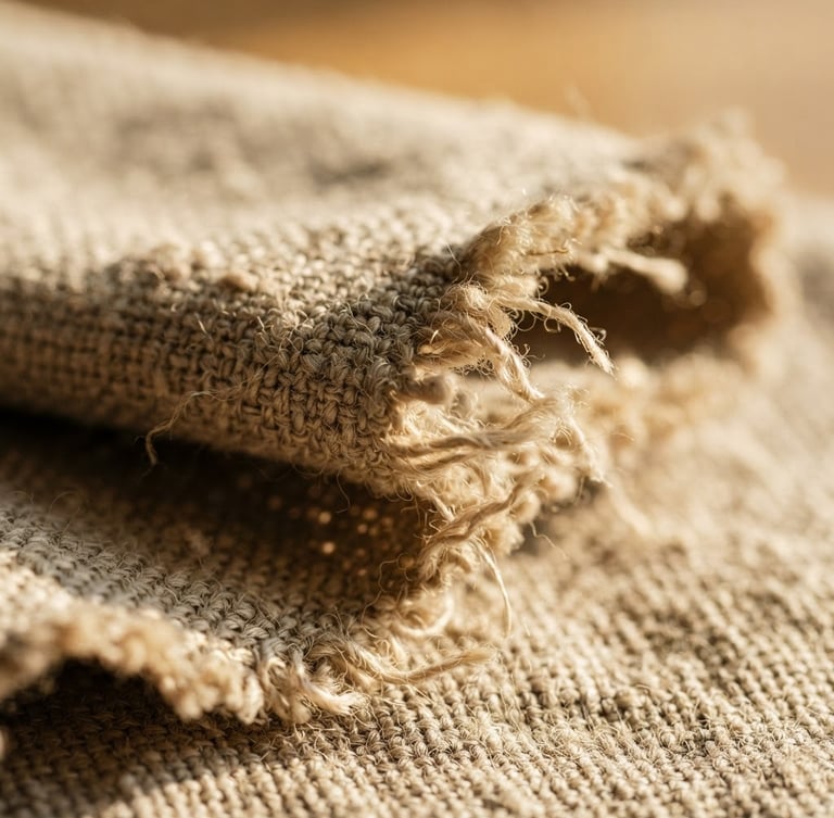 Extreme macro shot of folded heavy-weave linen fabric showing raw edges, low-angle warm afternoon window light, tactile shadows, shallow depth of field, 35mm