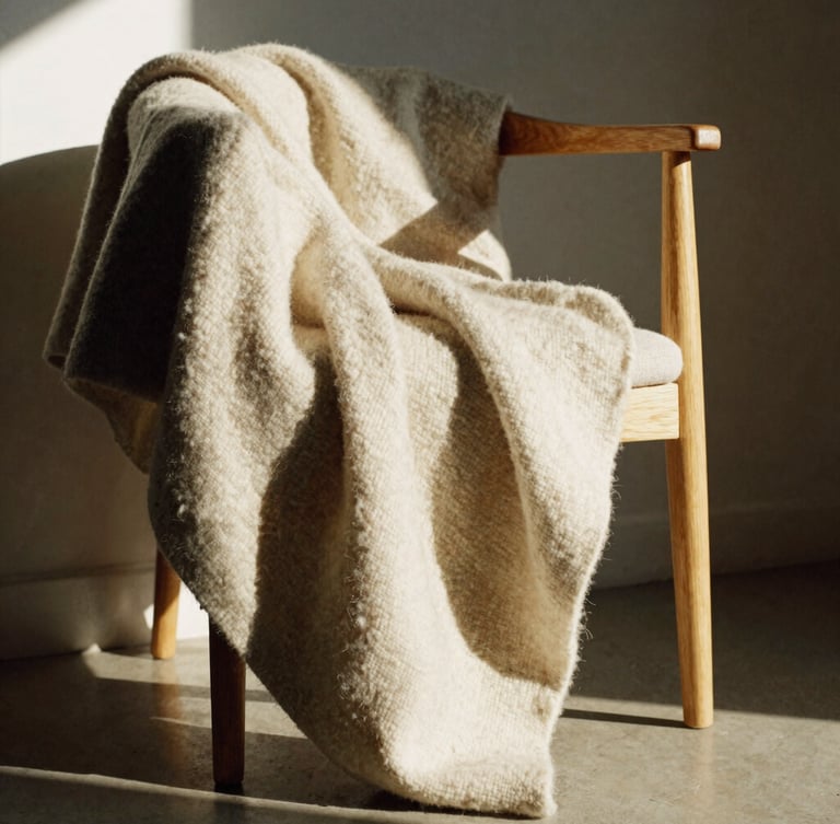 A heavy raw wool blanket draped over a minimalist oak chair, warm afternoon sunlight casting deep textures and high-contrast shadows, 35mm photography