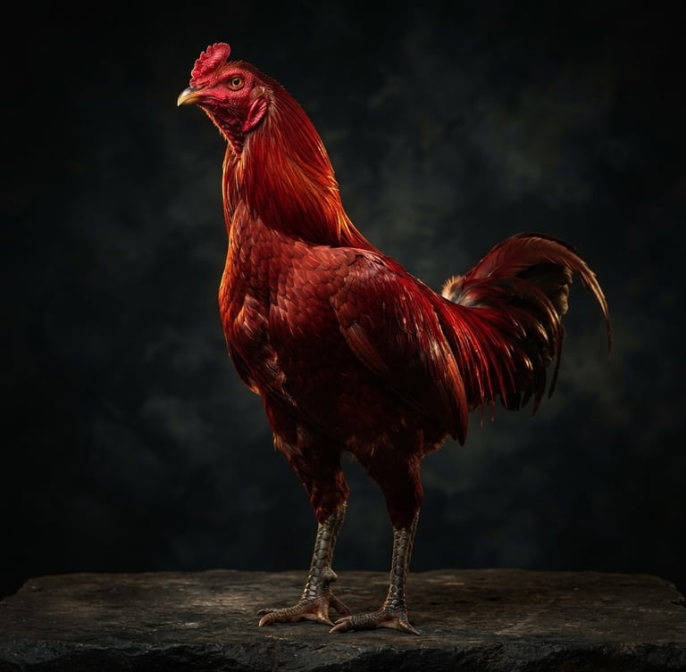 Dramatic studio photography of a majestic Pakhoy rooster, low angle heroic shot, perfect upright posture, gleaming crimson feathers, dark moody background, sharp golden rim lighting, high-detail macro, 85mm lens