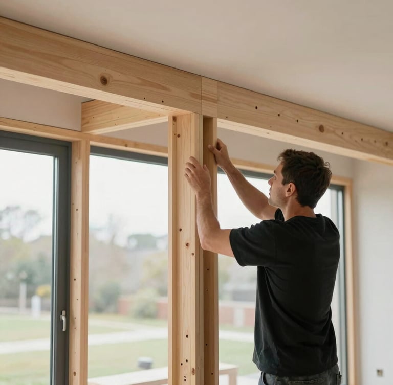 An owner-operator builder in a clean black shirt inspecting a perfectly flush timber joinery joint inside a modern, naturally lit residential remodel, architectural focus.