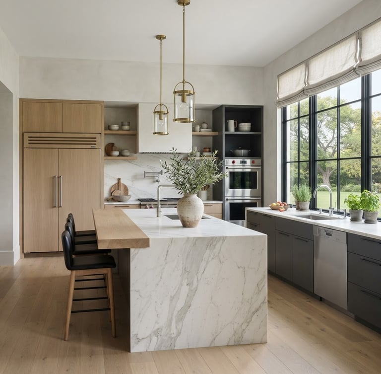 Architectural interior photography of a modern luxury kitchen remodel, bright natural window light, clean desaturated tones, sharp focus, 35mm lens, high-end editorial style