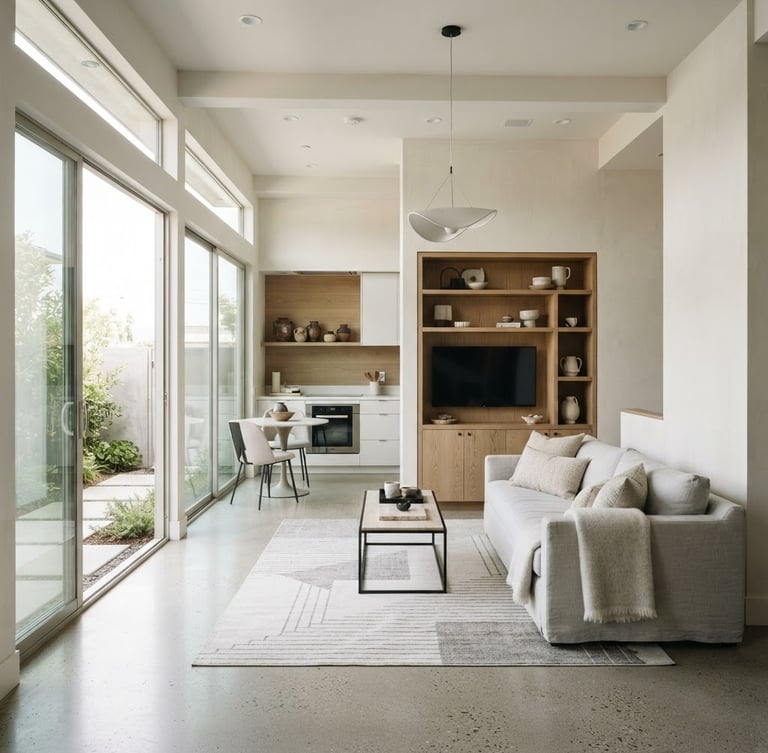 Architectural interior photography of a modern luxury ADU living space, bright natural window light, clean desaturated tones, sharp focus, 35mm lens, high-end editorial style