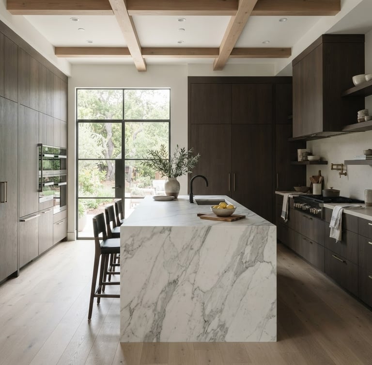 Straight-on architectural view of a modern luxury kitchen in Northern California, bright natural window light, white marble island, minimalist dark wood cabinetry, 35mm lens, high-end editorial style