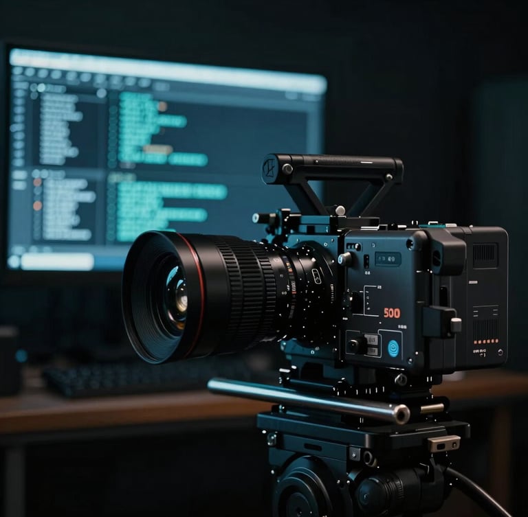 Low-key dramatic studio shot of a high-end cinema camera rigged next to a high-resolution monitor displaying code, cool teal key lights, shallow depth of field.