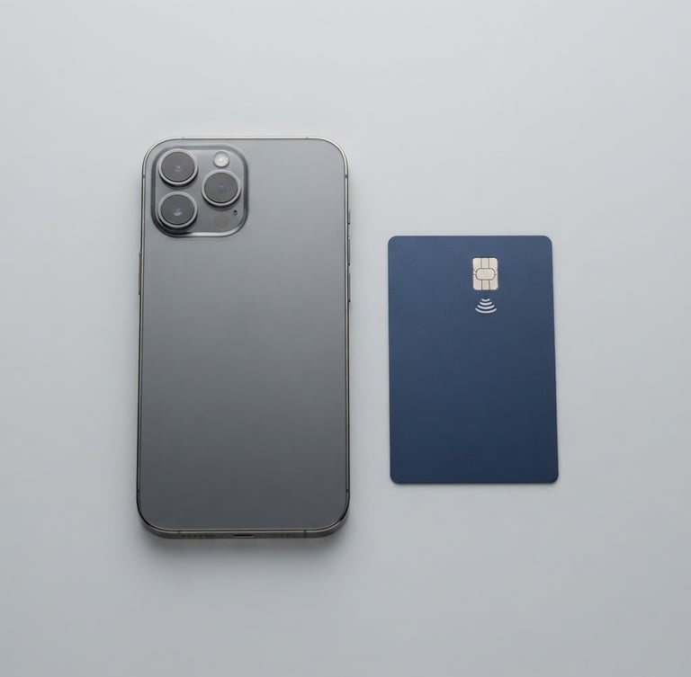 Clean product photography of a premium smartphone and a secure payment card on a neutral light grey background, bright even studio lighting, sharp focus, 50mm