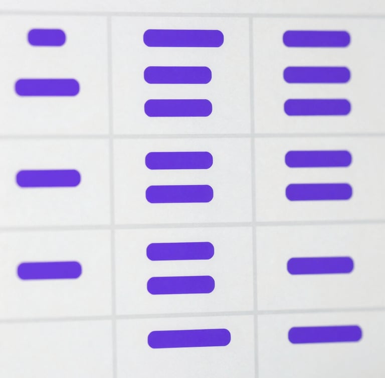Macro close-up of structured design system documentation on a screen, clean component states, bright white and royal purple accents.