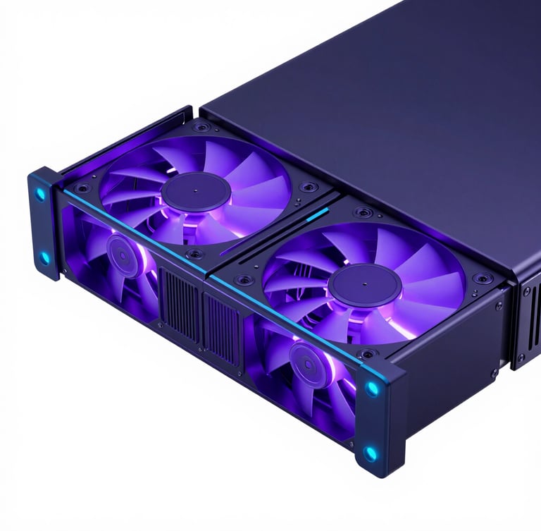Sleek 3D render of a dark high-tech server blade with glowing electric purple LED fans, close-up macro angle, isometric perspective, octane render