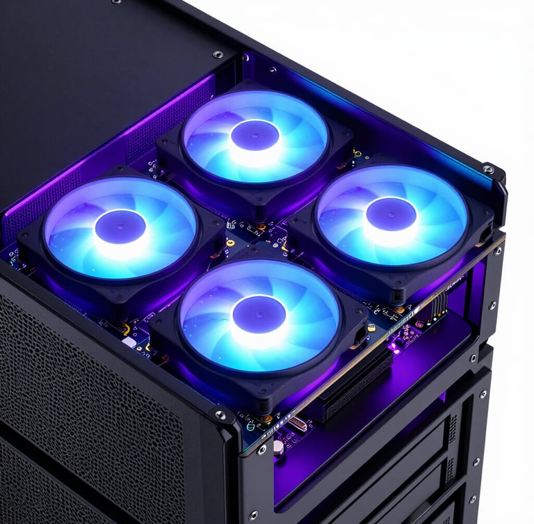 Sleek 3D render of server rack motherboards with glowing LED cooling fans, electric purple backlighting, close-up macro angle, octane render