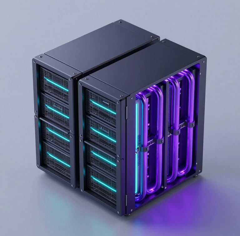 Sleek 3D render of a high-tech server node, dark metallic finish, glowing neon cyan and electric purple cooling pipes, isometric perspective, octane render