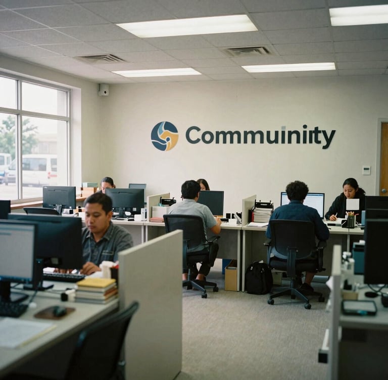 Documentary photography of a real-world community field office, natural daylight, professional and organized environment, wide-angle lens, 35mm style