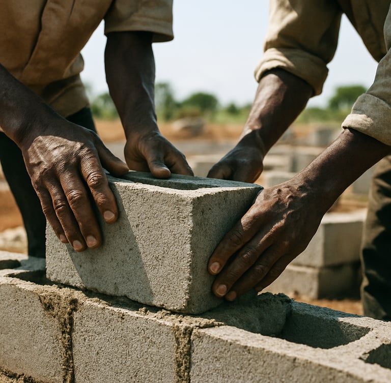 Hands of local builders laying concrete blocks for a school foundation under bright natural daylight, close-up shot, documentary 35mm film photography style, authentic grain
