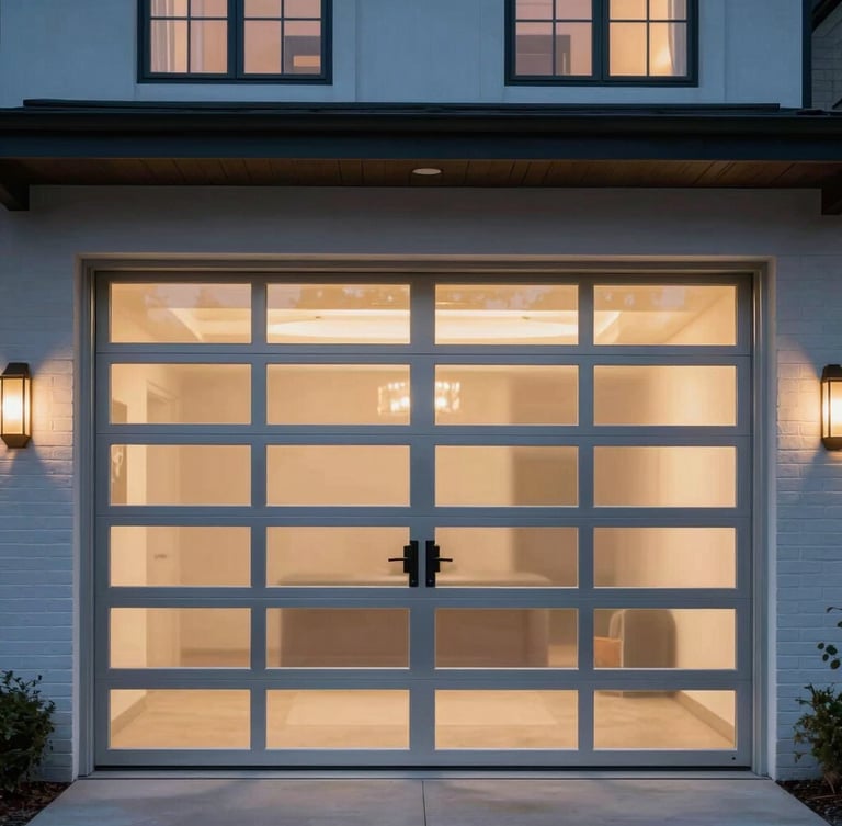 Straight-on architectural elevation of a modern Westchester home facade at dusk, featuring a premium anodized aluminum and frosted glass garage door reflecting soft warm interior light.