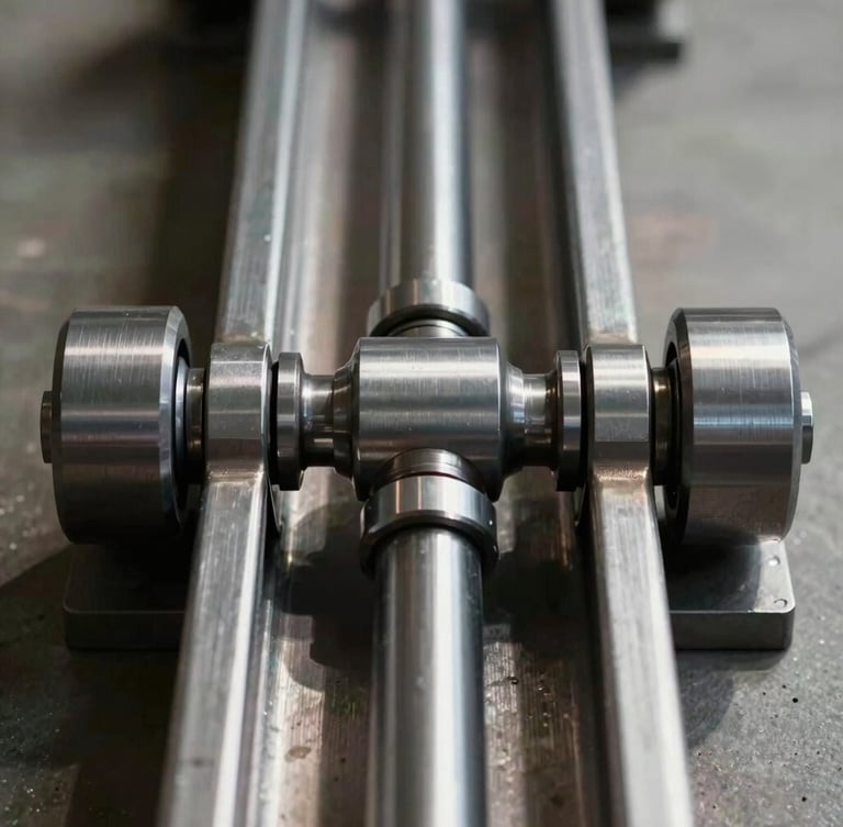 Close-up of a machined steel roller sitting perfectly aligned within a heavy-duty vertical steel track, natural side lighting casting sharp shadows, highlighting the precise mechanical tolerances.