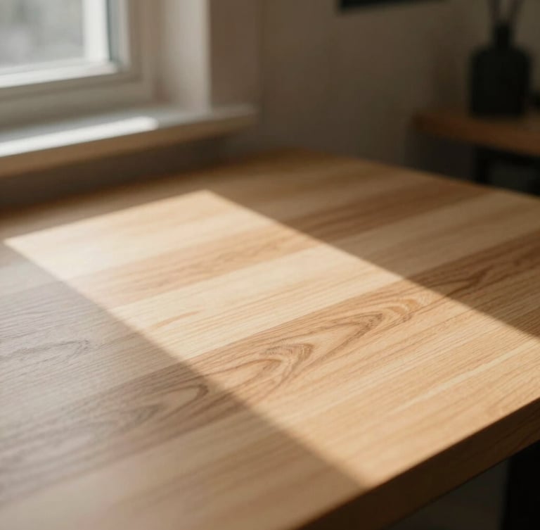 Macro shot of a quiet, sunlit tattoo studio corner, warm natural light streaming onto a clean minimalist wooden table, soft shadows, 35mm