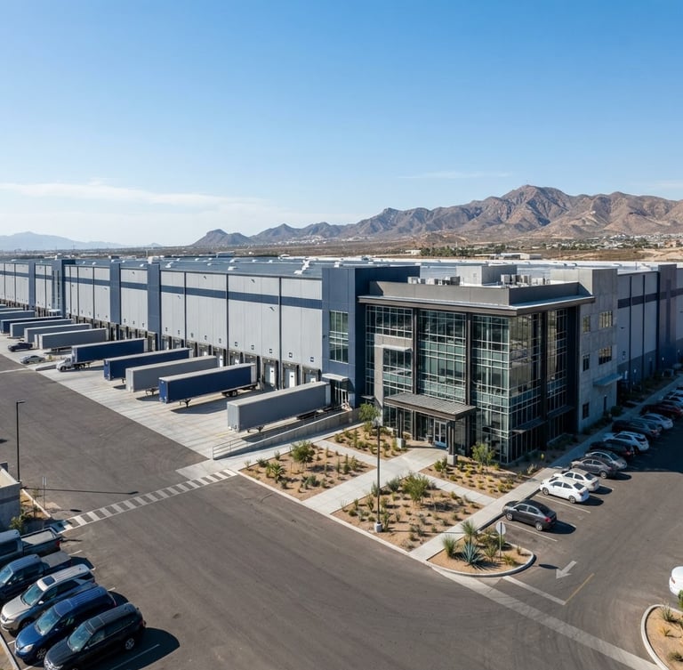Wide architectural shot of a modern, clean logistics complex in Mexicali under bright cool daylight, sharp focus, steel gray tones.