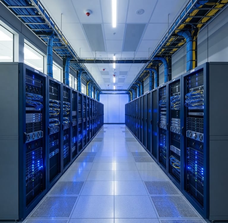 Wide-angle architectural shot of a modern, clean server room with orderly blue-lit server racks and flawless cable management, cool daylight, sharp focus.