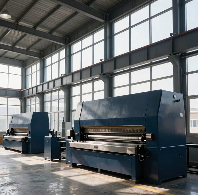 Wide architectural interior of a modern industrial fabrication facility in Islamabad, crisp daylight streaming through high windows, heavy-duty steel bending machinery in the background, deep navy and steel tones, sharp architectural framing, 35mm lens.