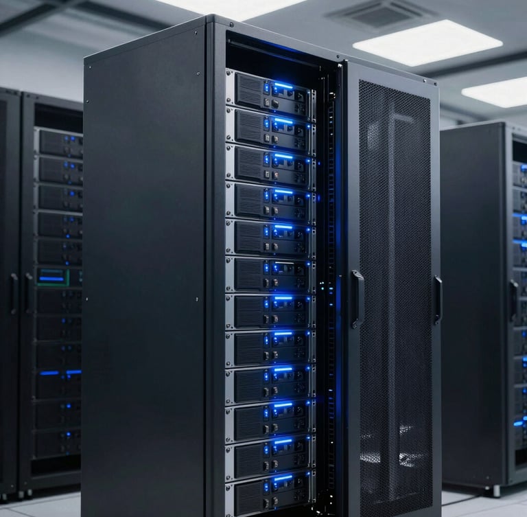 A sleek modern server rack glowing with blue LED indicator lights inside a secure corporate data center, high-contrast industrial lighting