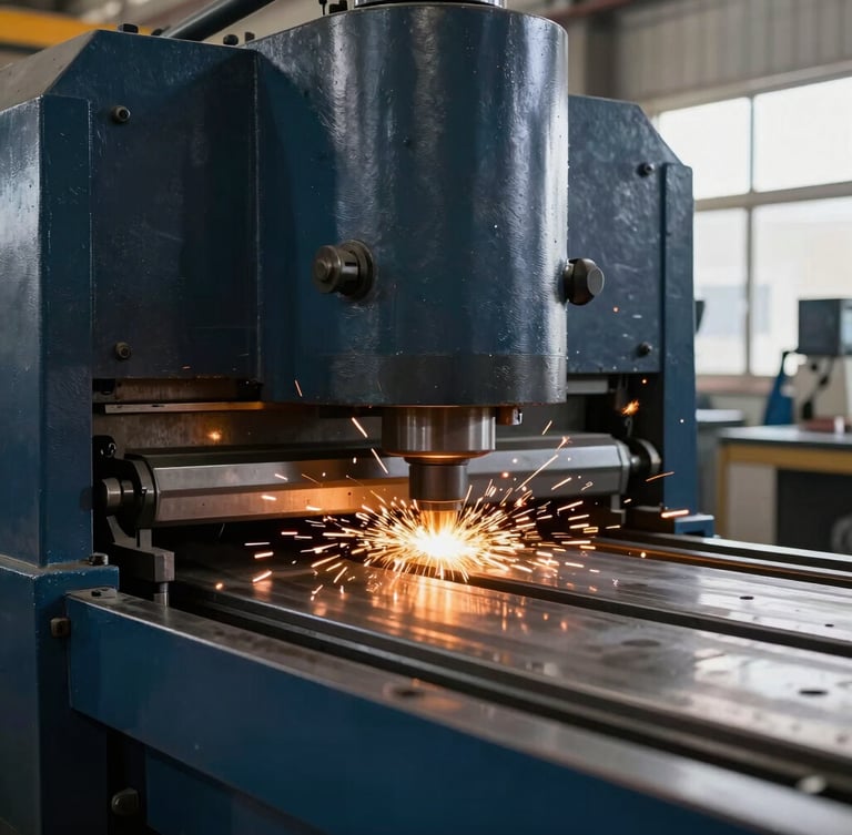Sharp industrial photography of a heavy-duty metal bending machine in an Islamabad factory, amber sparks flying, deep navy steel tones, crisp daylight, 35mm lens