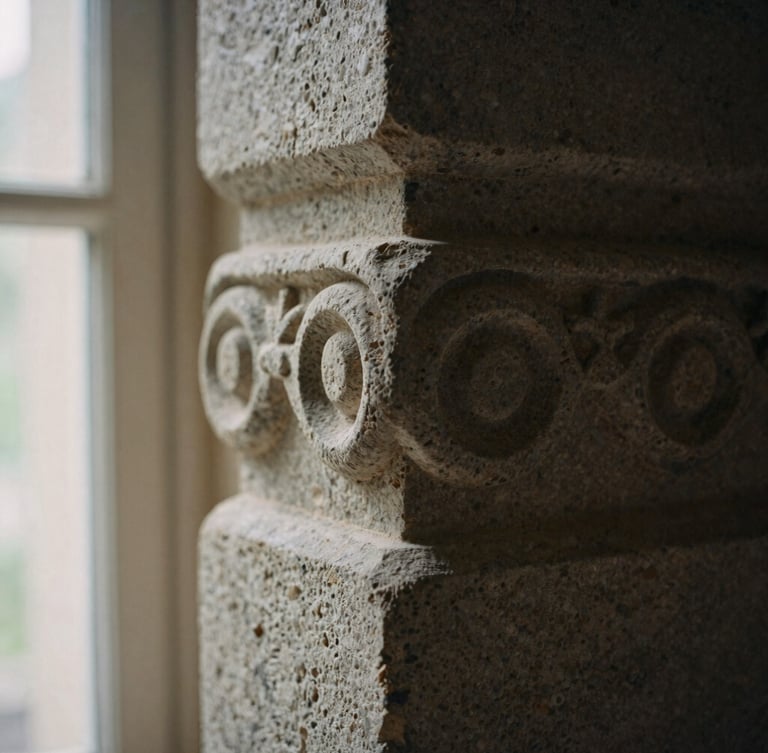 Macro close-up of a carved limestone pillar in soft morning window light, deep shadows, textured stone surface, 35mm film style