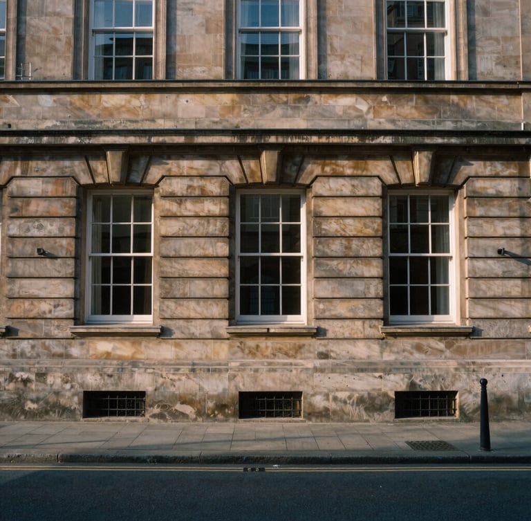 Symmetrical wide perspective of a classical stone facade in a historic financial district, deep shadows on limestone, soft afternoon light