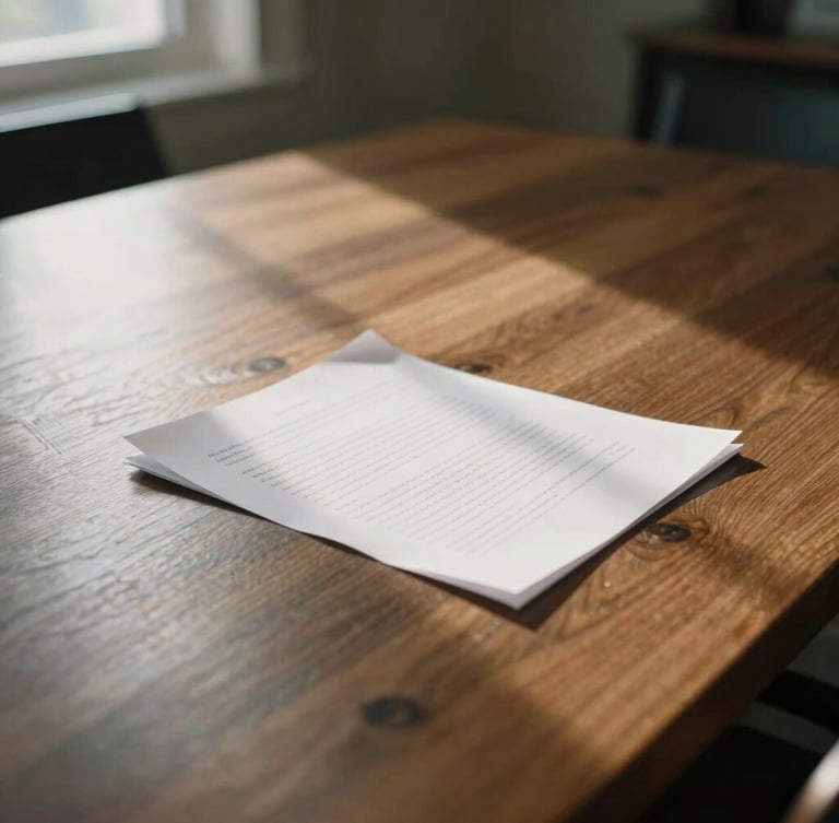 A heavy oak boardroom table reflecting soft directional window light, textured paper documents resting on the dark wood surface, shallow depth of field
