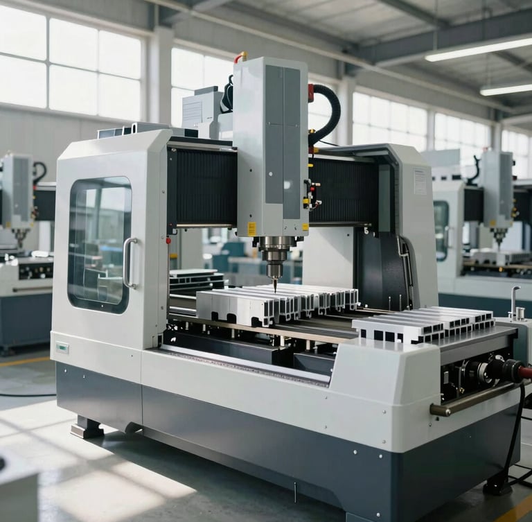 Interior of a state-of-the-art automated manufacturing facility, clean organized factory floor with high-precision CNC machinery processing aluminium profiles, bright natural daylight