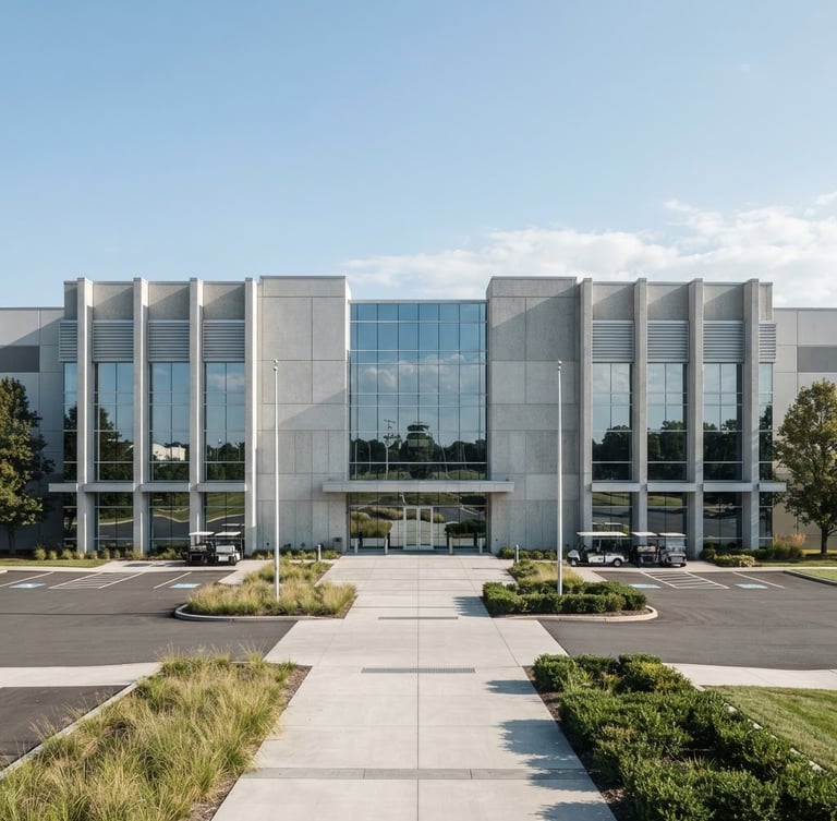 Symmetrical architectural exterior of a state-of-the-art industrial manufacturing plant, clean concrete facades, sharp glass reflections, bright natural daylight, 35mm lens