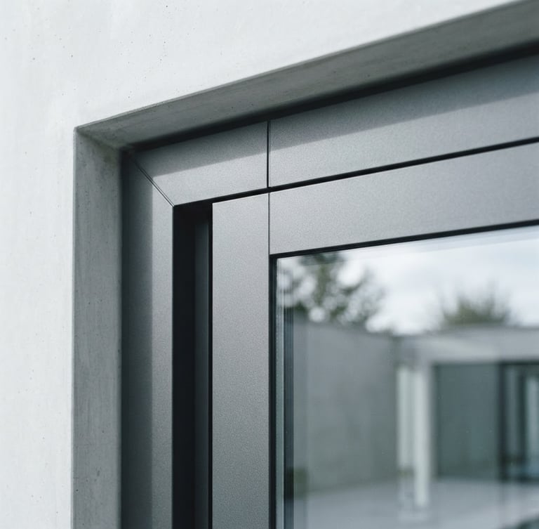 Symmetrical architectural close-up of a premium minimalist aluminium sliding door frame, corner joint showing millimeter precision, bright natural daylight reflecting off double-glazed glass, cool desaturated tones, 35mm lens.