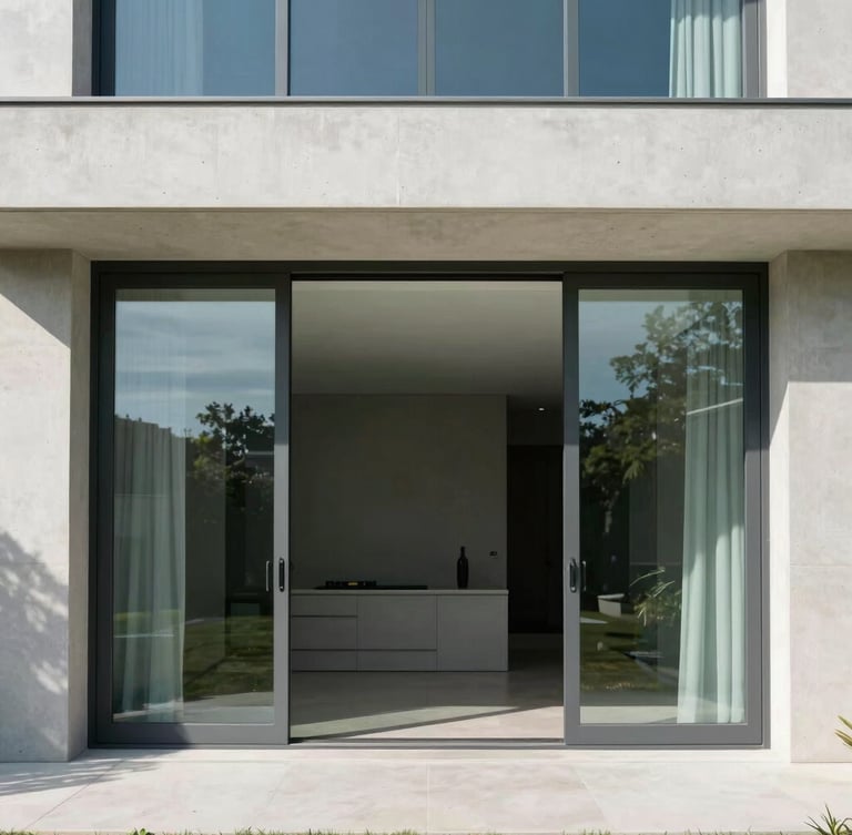 Symmetrical architectural portrait of a luxury villa facade featuring large-format sliding doors, crisp shadows, bright natural daylight, clean concrete and glass lines.