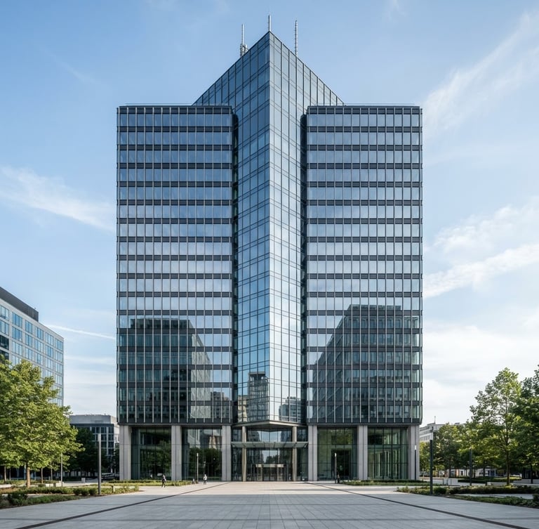 Symmetrical architectural exterior of a modern commercial high-rise building with sharp structural glazing, bright natural daylight, clean glass reflections, desaturated cool tones