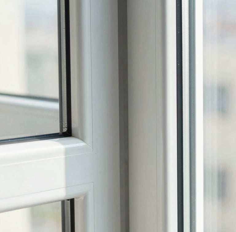 Extreme close-up of a precision-engineered uPVC window corner joint, flawless weld line, clean desaturated cool tones, sharp architectural lighting