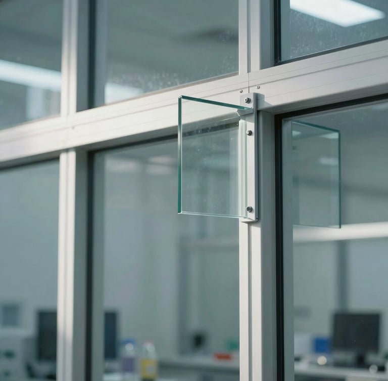 Architectural detail of a structural glazing bracket in a clean laboratory environment, industrial testing rig, sharp focus, cool tones